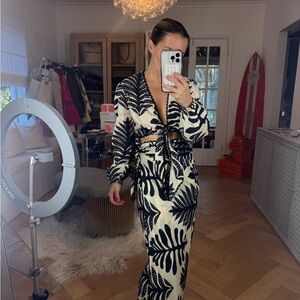 Black and Cream Leaf Print Skirt & Top & black set